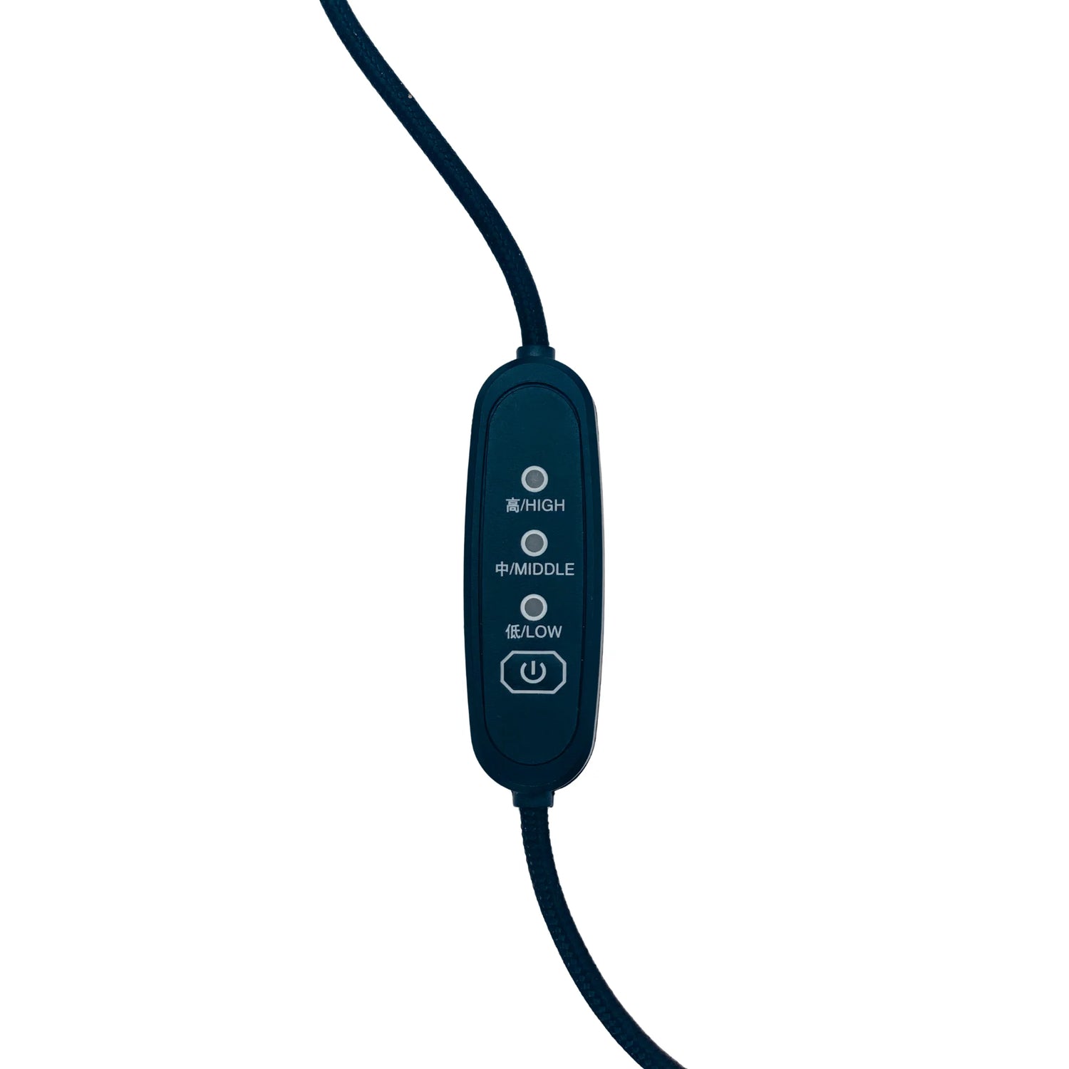 Black control panel that controls the fan speed with buttons on a white background