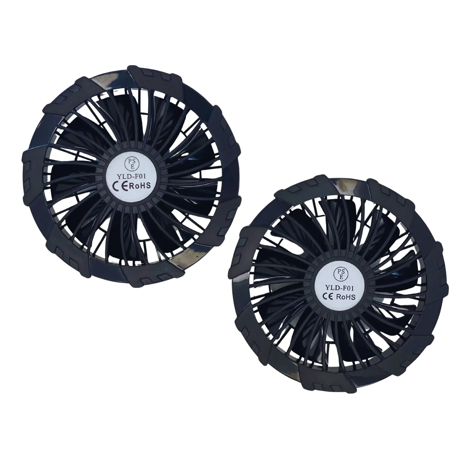 Two black fans with visible branding on a white background