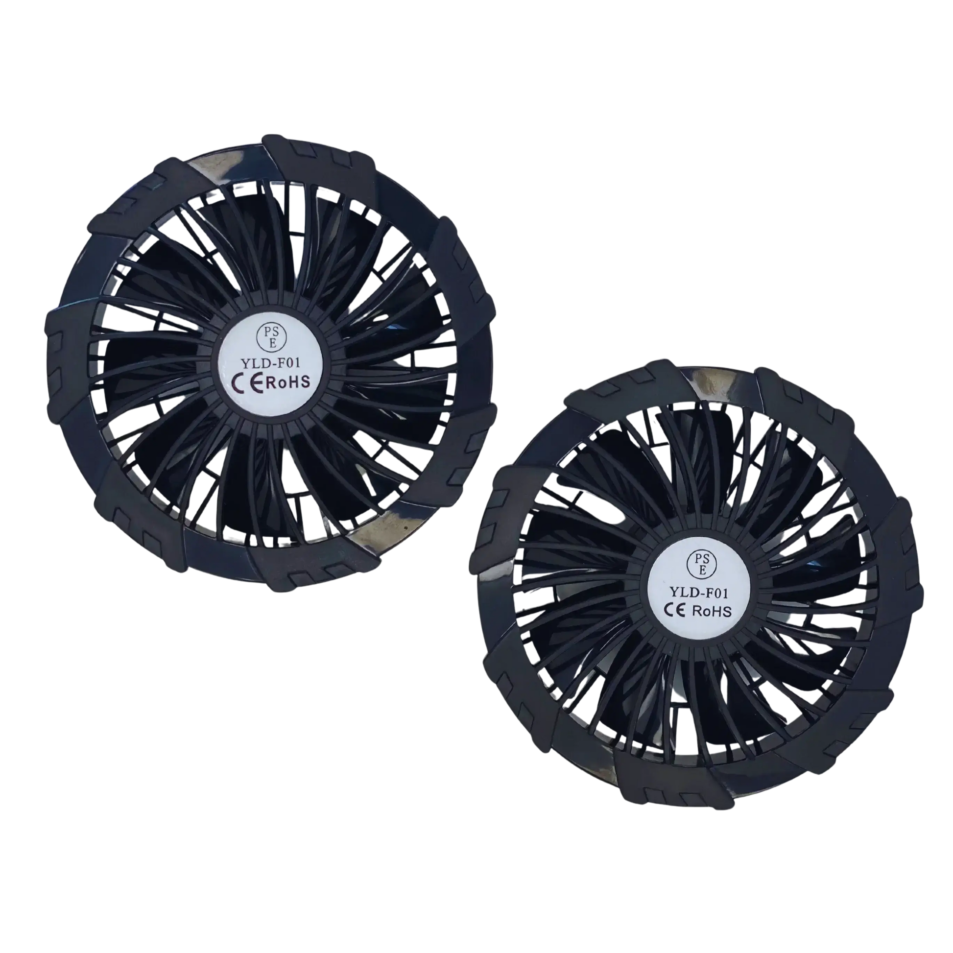 Two black fans with visible branding on a white background
