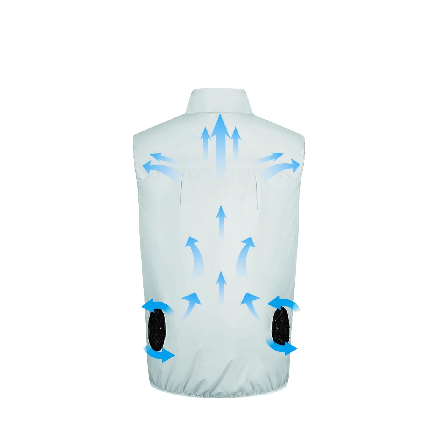 White cooling vest with black fan illustrations and text about advanced dual-fan cooling technology on a white background.