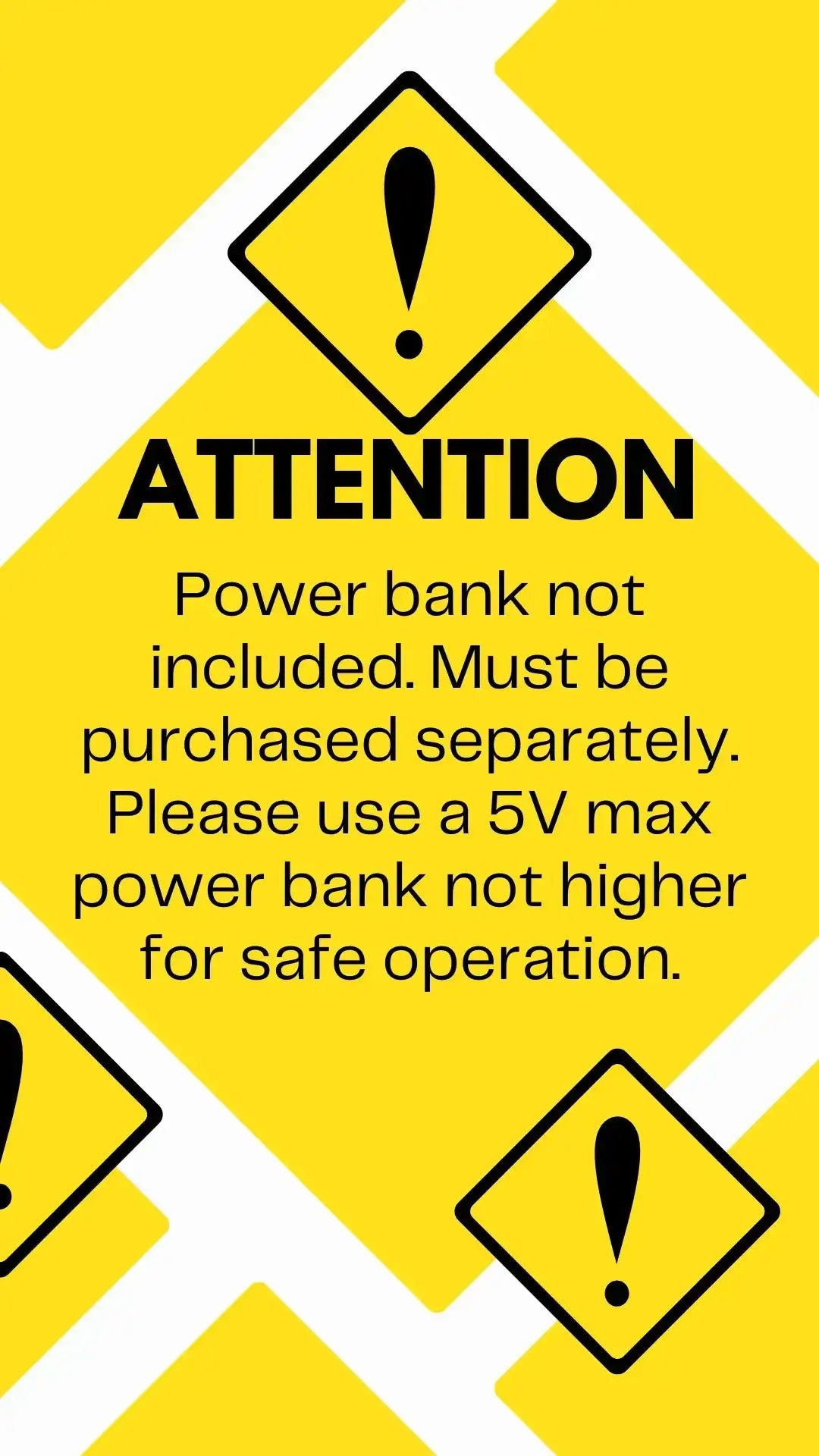 Warning label on a yellow background with text about power bank requirements.